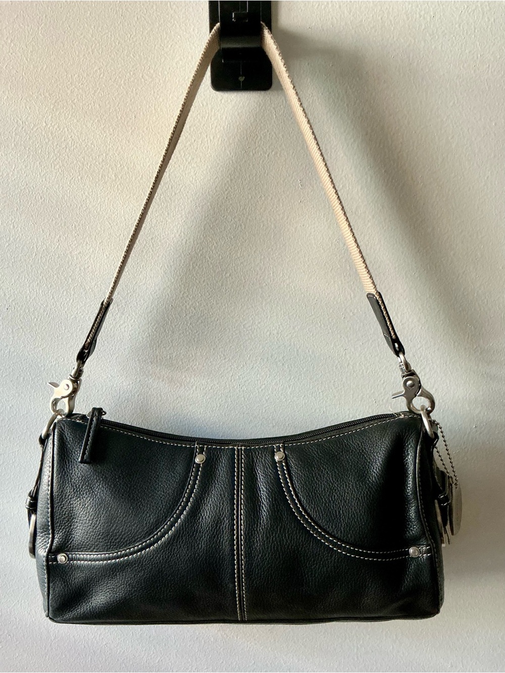 Authentic Vintage Tignanello Black Leather Baguette Bag Canvas Strap Y2K
